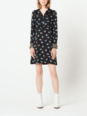 Sandro Paris Black Blue Floral Long Sleeve Mini Dress Size 4